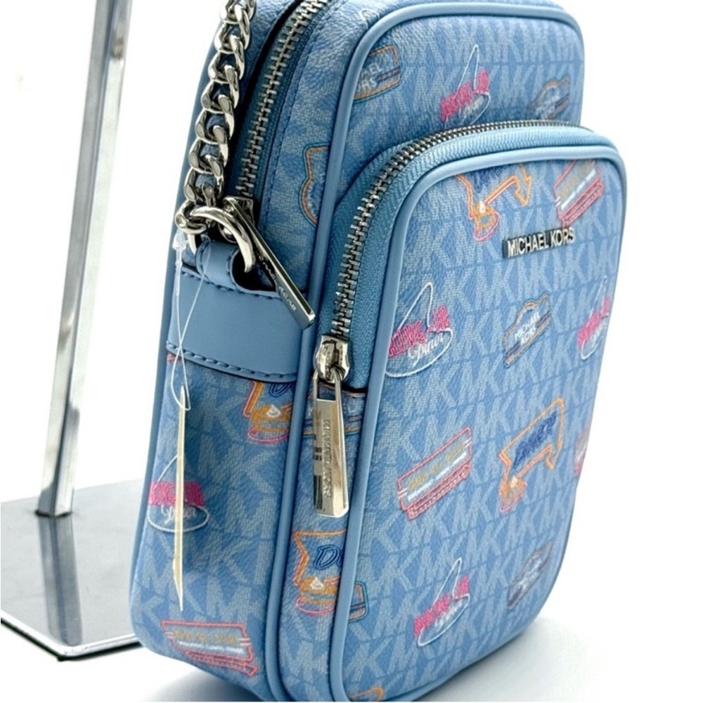 Michael Kors Jet Set Medium Printed Signature Logo Crossbody Bag Light Sky Blue - Picture 4 of 11